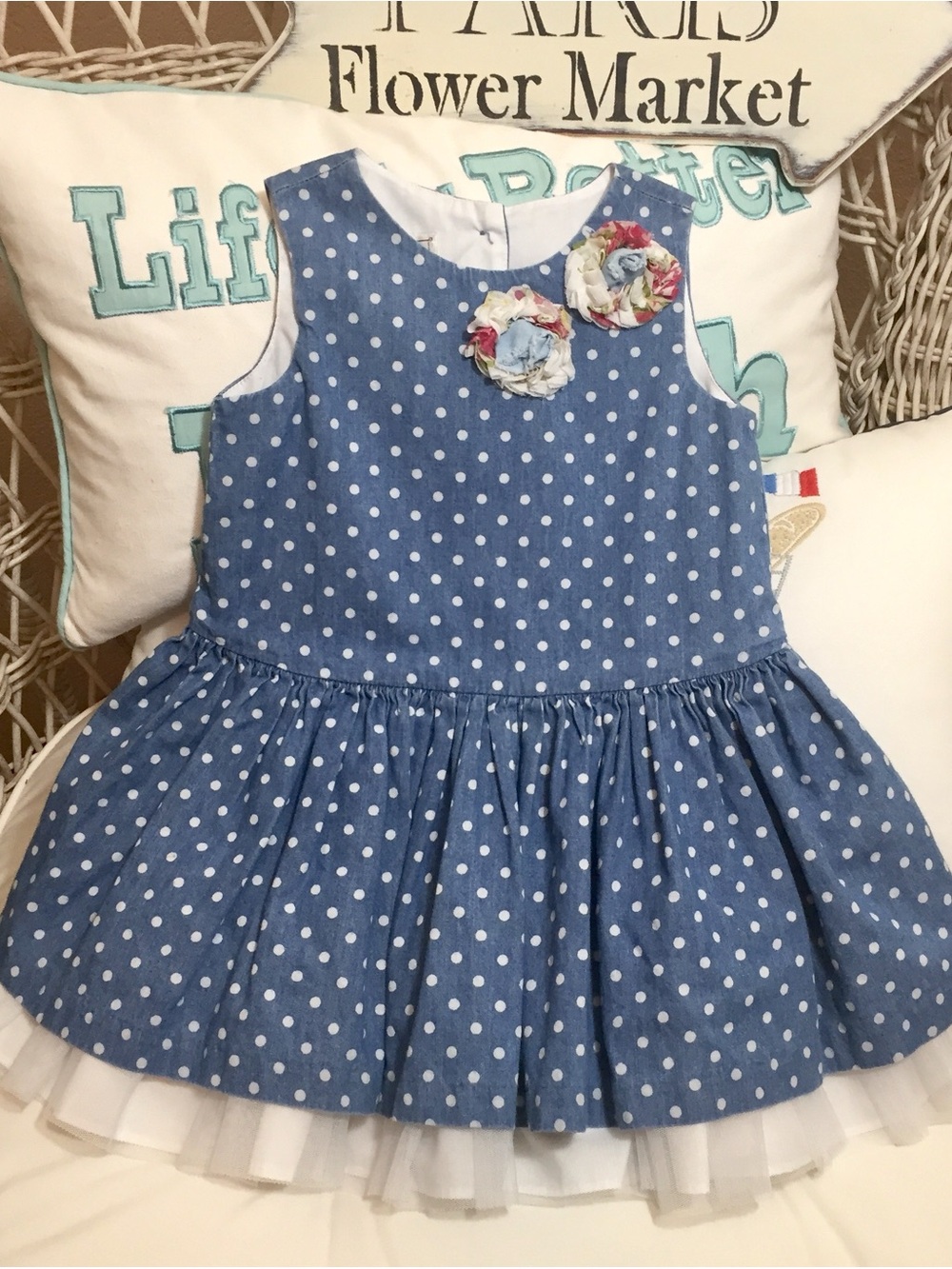 Pippa & Julie Blue Polka Dot Dress with Floral Rosettes